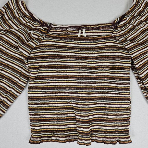 Anthropologie Square Neck Smocked Puff Sleeve Striped Top XS Ruffle 70s 80s Crop - Picture 8 of 14